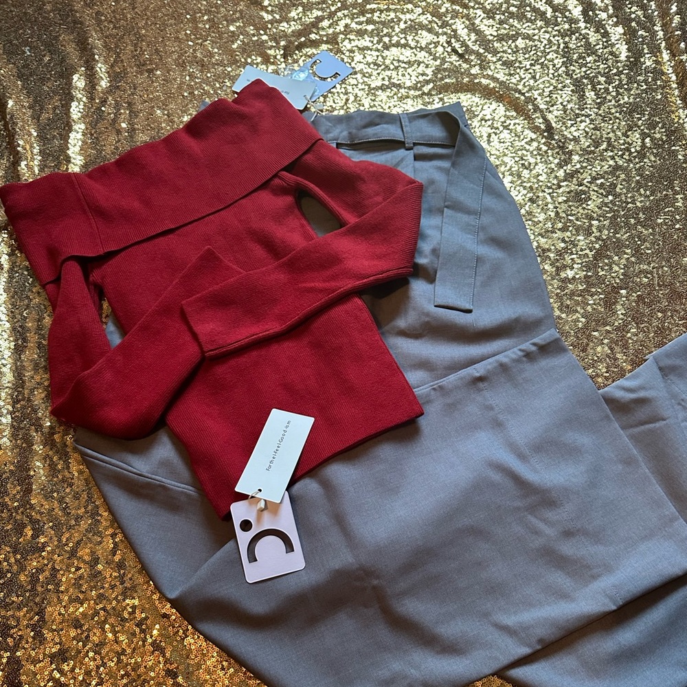 Commense Wide-Leg High-Rise Gray Trousers with Belt - Picture 8 of 11
